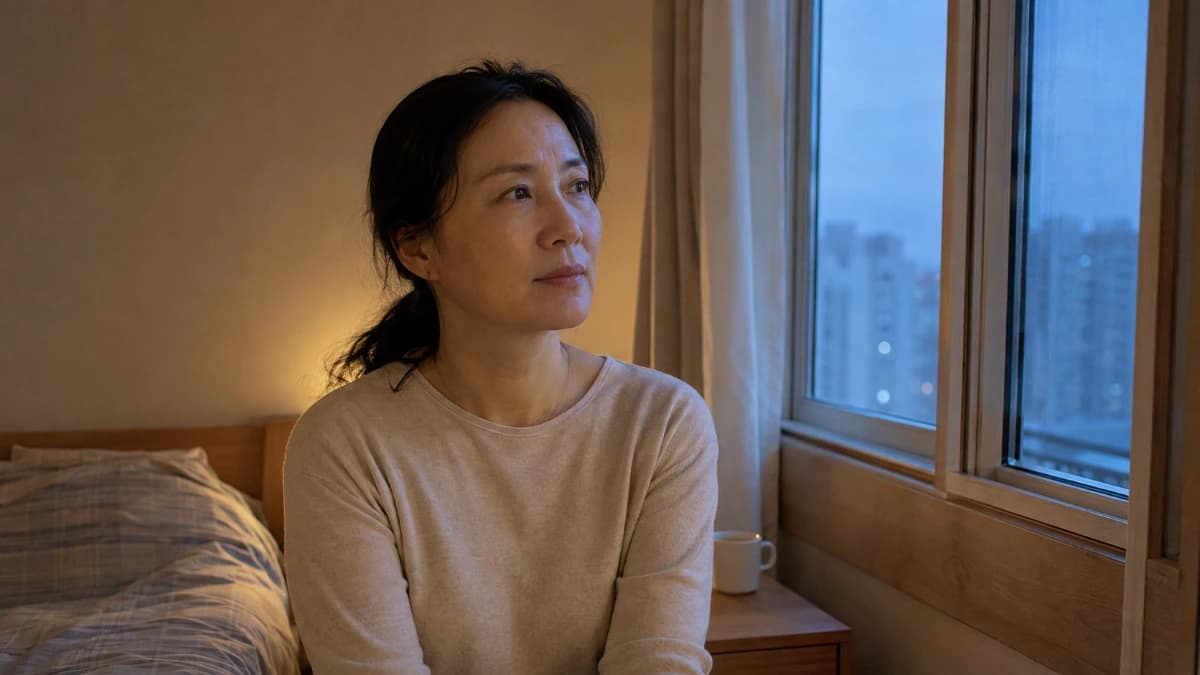 새벽 침실에서 잠에서 깬 40대 후반 한국 여성