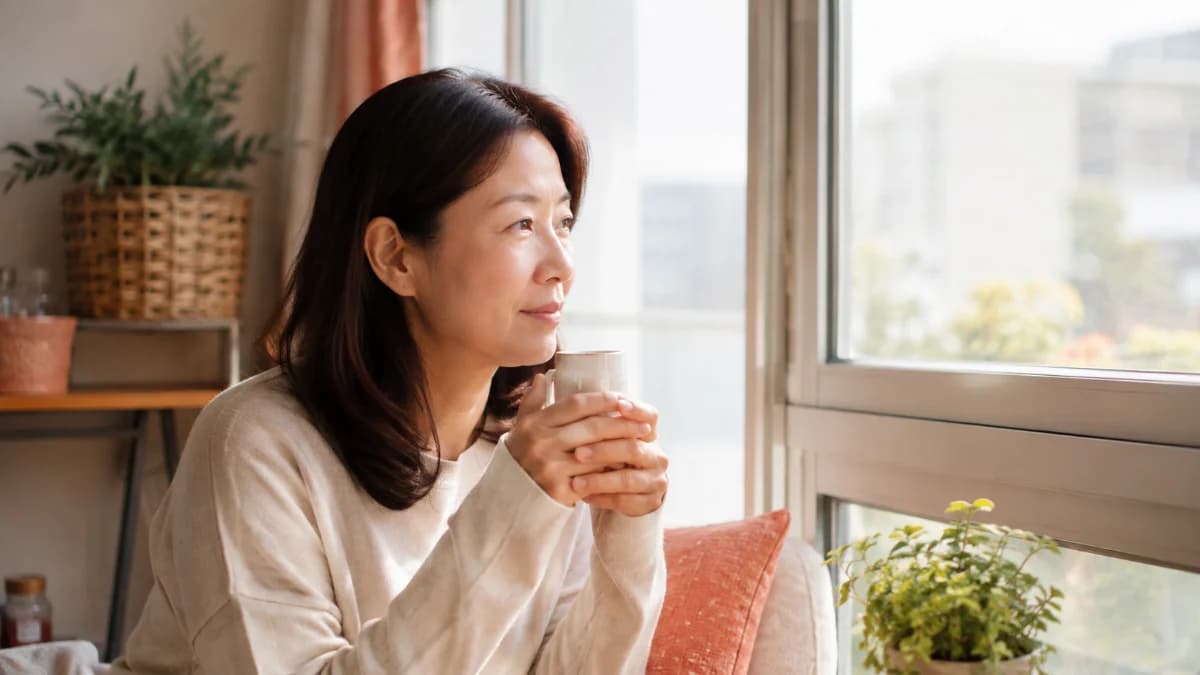 창가에서 차를 마시며 생각에 잠긴 40대 후반 한국 여성