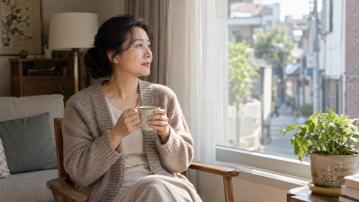낮 시간 창가에 앉아 따뜻한 차를 들고 밖을 바라보는 50대 후반 한국 여성