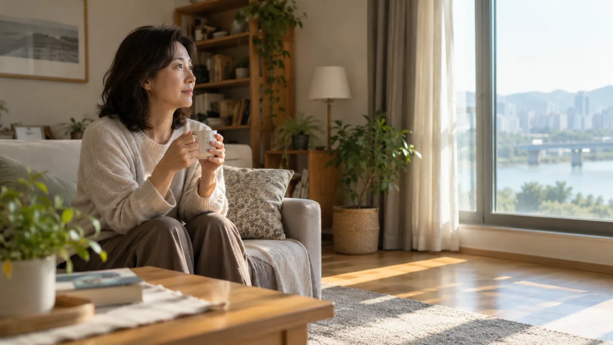 늦은 오전 거실 창가 소파에 혼자 앉아 머그잔을 든 채 창밖을 바라보는 50대 한국 여성