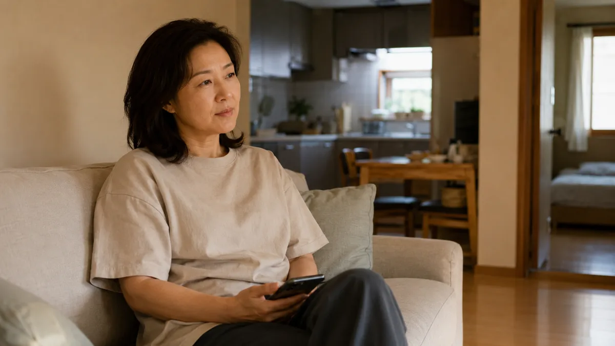 저녁 거실 소파에 앉아 휴대폰을 내려놓고 잠시 쉬는 50대 한국 여성