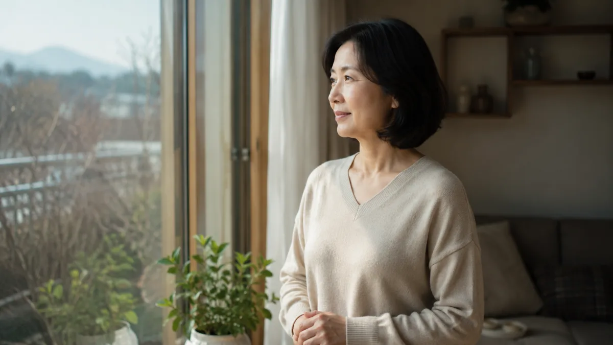 오후 거실 창가에 서서 바깥을 바라보는 40대 후반 한국 여성