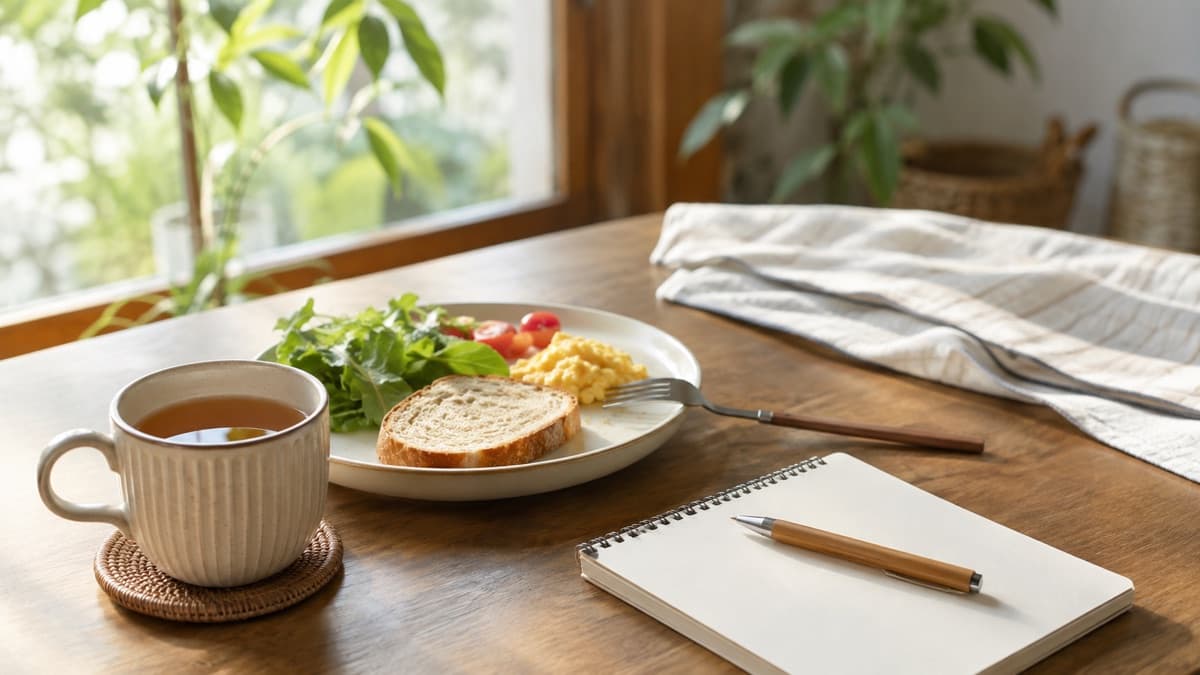 창가 식탁에 놓인 따뜻한 차 한 잔과 가벼운 아침 식사, 그 옆의 빈 메모장