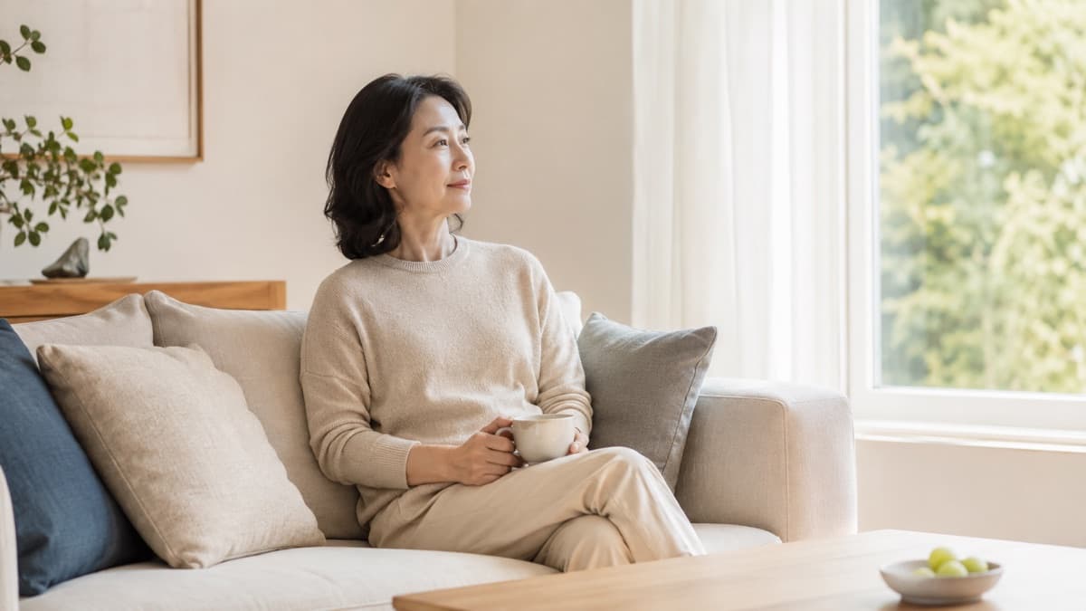낮의 거실 소파에 앉아 찻잔을 들고 창밖을 바라보는 여성
