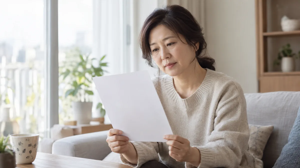 창가에서 서류를 들여다보며 생각에 잠긴 50대 한국 여성