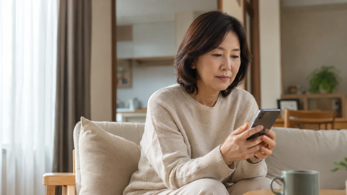 창가에서 서류를 들여다보며 생각에 잠긴 50대 한국 여성