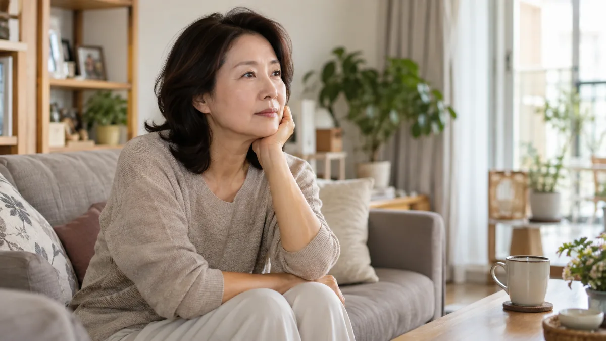 탁자에 머그잔을 두고 거실 소파에 턱을 괴고 앉은 50대 여성