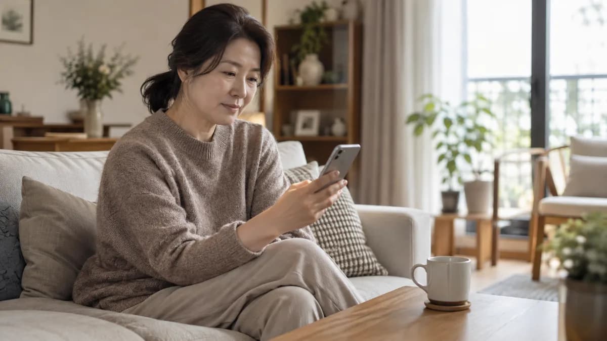 거실 소파에 앉아 휴대전화 화면을 들여다보는 50대 한국 여성