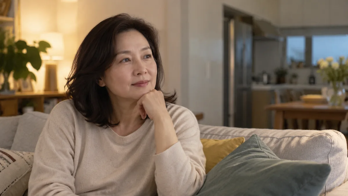 거실 소파에 앉아 휴대폰을 내려다보는 50대 한국 여성