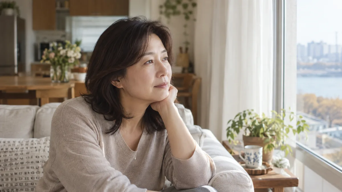 거실 소파에 턱을 괴고 앉아 눈을 뜬 채 창밖을 바라보는 50대 여성