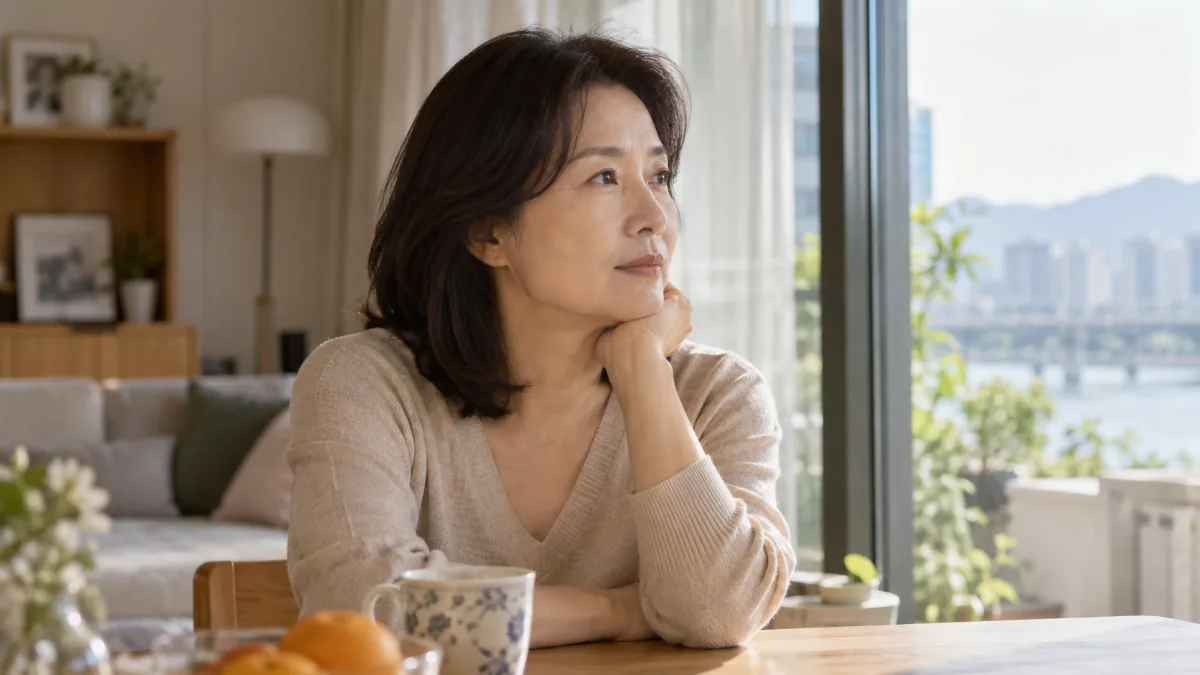머그잔을 앞에 두고 식탁에 턱을 괴고 앉아 창밖을 바라보는 50대 여성