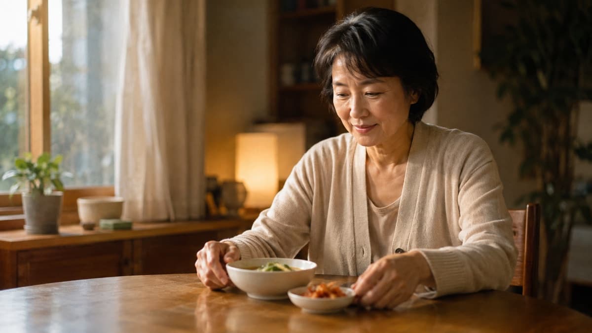 식탁에 혼자 앉아 작은 그릇 하나로 차린 저녁을 앞에 둔 여성