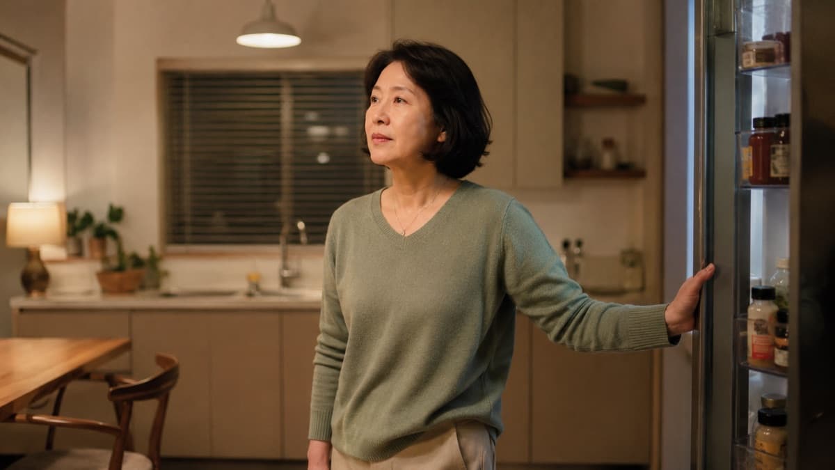 저녁 무렵 부엌에서 냉장고 문을 열어 둔 채 잠시 멈춰 선 여성