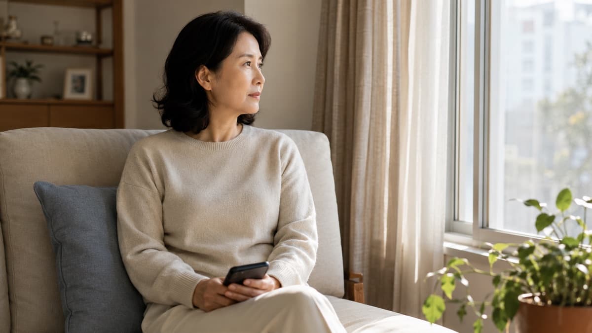 아침 햇살이 드는 거실 창가에 앉아 휴대폰을 내려놓고 창밖을 바라보는 여성