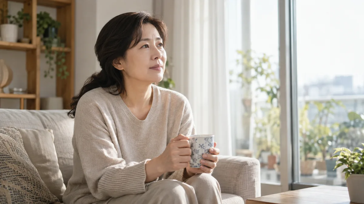 밝은 낮 거실 소파에서 머그잔을 들고 창밖을 바라보는 50대 여성