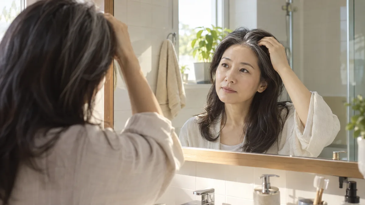 아침 세면대 거울 앞에서 손가락으로 가르마를 넘겨 보며 담담히 바라보는 40대 후반 한국 여성