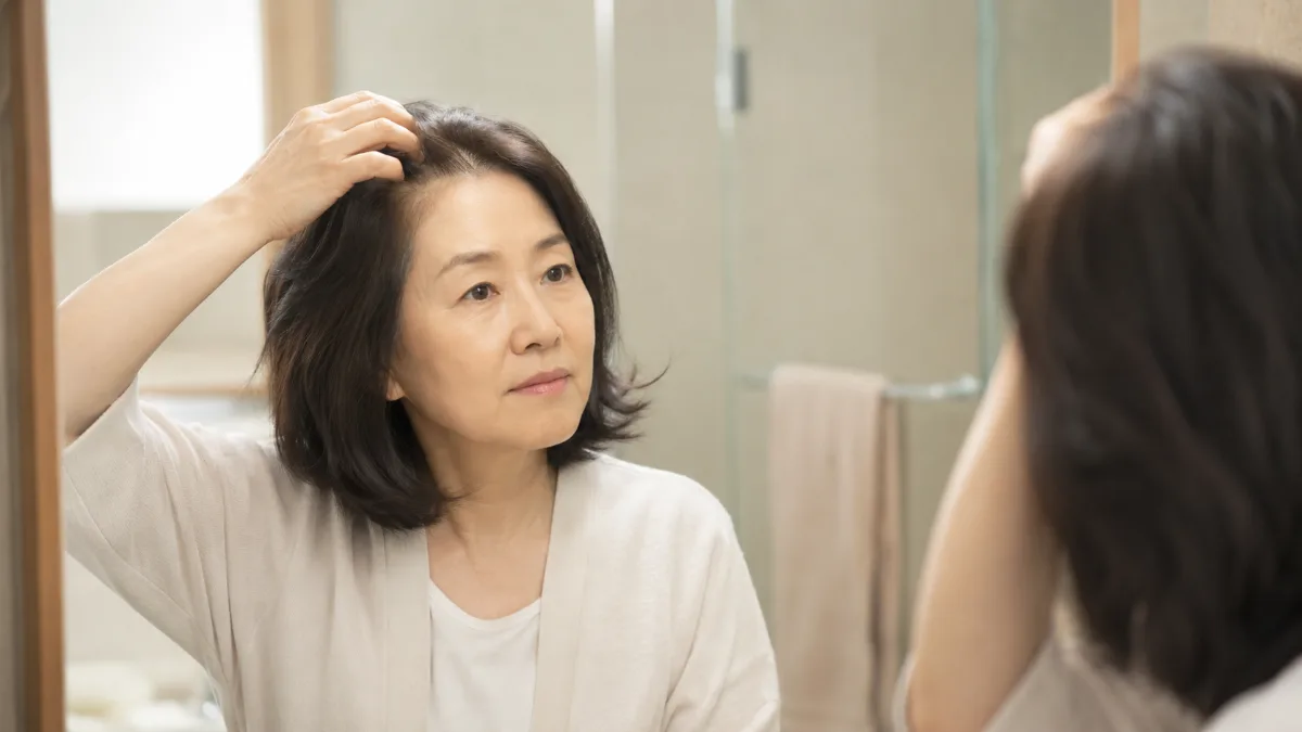 아침 세면대 거울 앞에서 손으로 가르마를 넘겨 보는 40대 후반 한국 여성