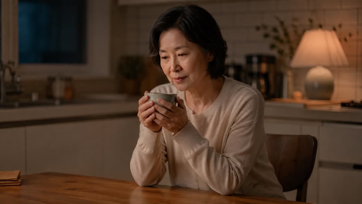 저녁 부엌 식탁에 혼자 앉아 두 손으로 찻잔을 감싸 쥔 여성