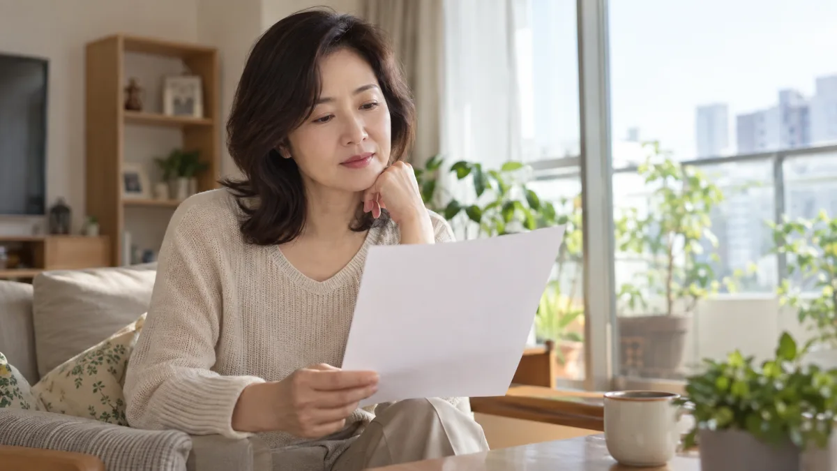 창가에서 서류를 들여다보며 생각에 잠긴 50대 한국 여성