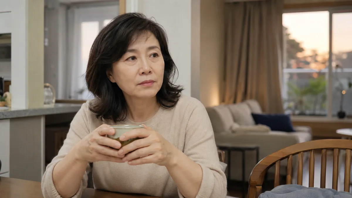 저녁 식탁에 앉아 두 손으로 찻잔을 감싸 쥔 채 잠시 말을 멈춘 50대 한국 여성