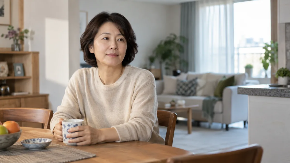 빈 거실을 뒤로하고 식탁에 혼자 앉아 찻잔을 앞에 둔 50대 여성