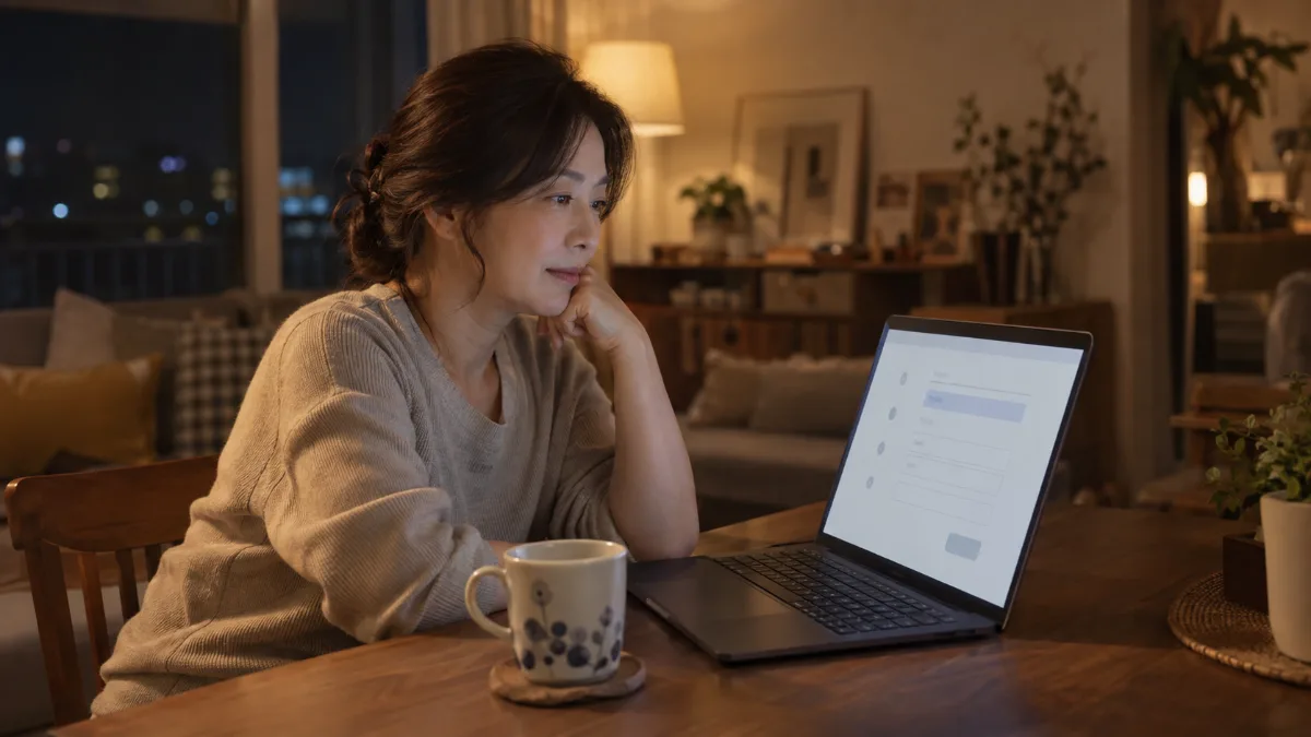 늦은 밤 식탁 앞에서 노트북 화면 속 지원서 양식을 가만히 들여다보는 50대 한국 여성