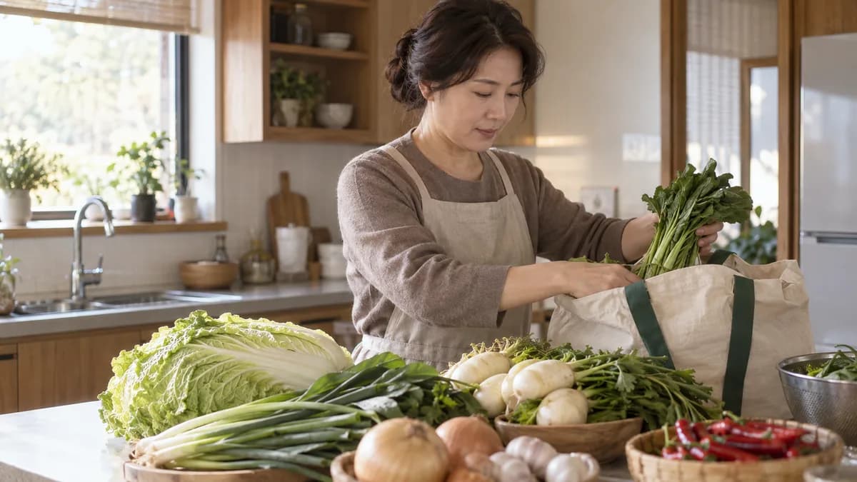 부엌에서 식재료를 정리하는 50대 한국 여성