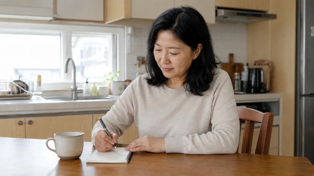 아침 식탁에서 수첩에 짧게 기록하는 40대 후반 한국 여성
