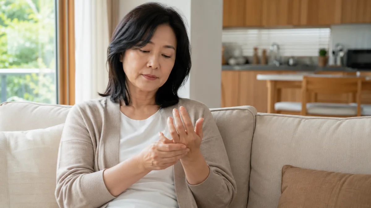 아침 거실 소파에 앉아 손가락을 천천히 주무르는 50대 한국 여성
