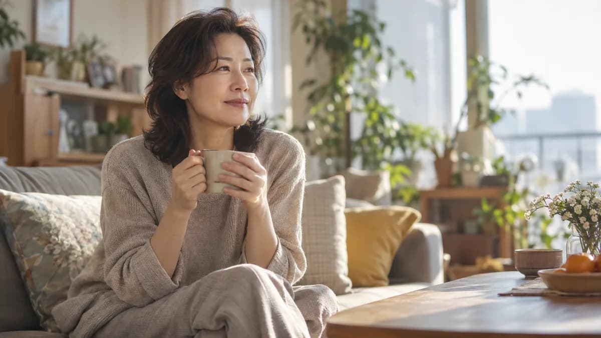 이른 아침 창가에서 차를 마시며 숨을 고르는 50대 한국 여성