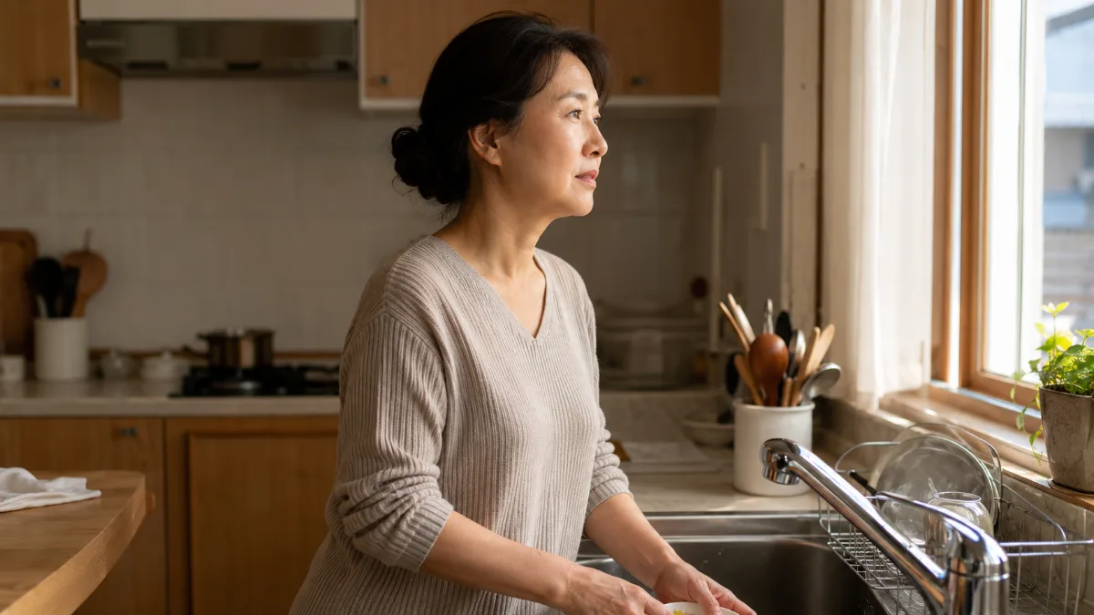 저녁 부엌 개수대 앞에서 설거지를 하다 잠시 손을 멈춘 50대 한국 여성