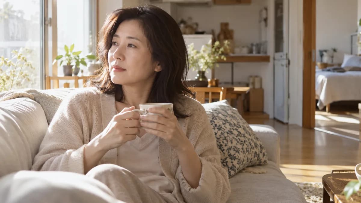 이른 아침 창가에서 차를 마시며 숨을 고르는 50대 한국 여성