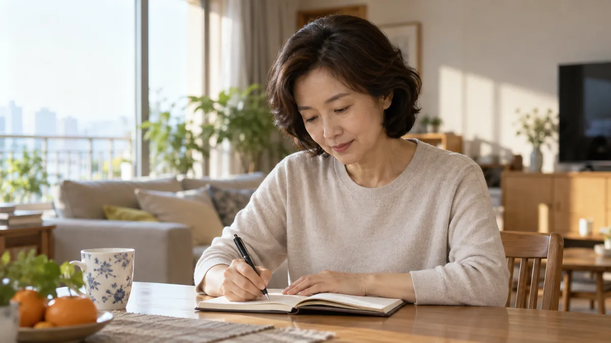 식탁에서 수첩에 무언가 적어 보는 50대 한국 여성