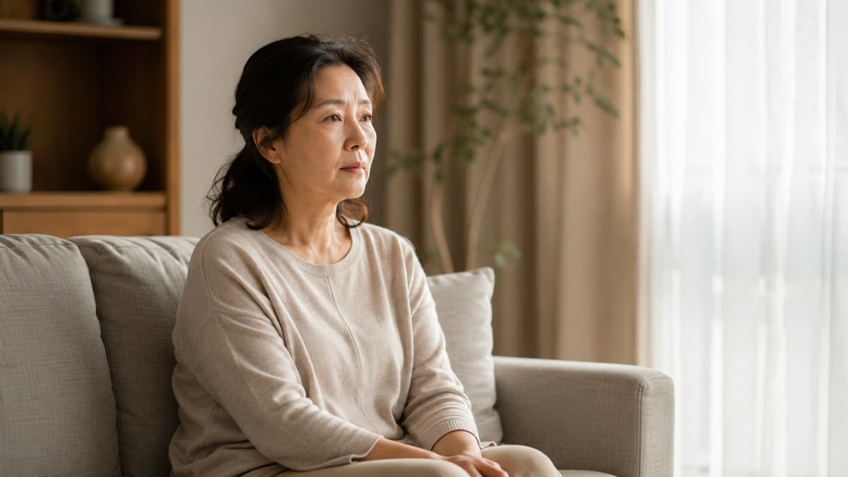 아침 거실 소파에 앉아 무릎에 손을 얹고 먼 곳을 바라보는 여성