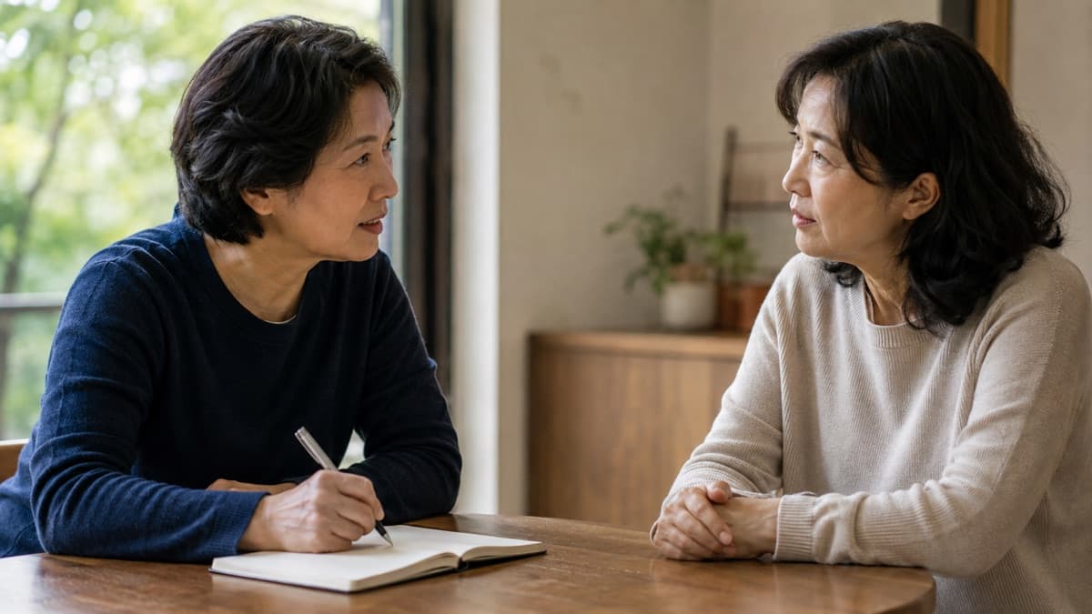 탁자에 마주 앉아 공책에 적어 가며 이야기를 나누는 두 사람