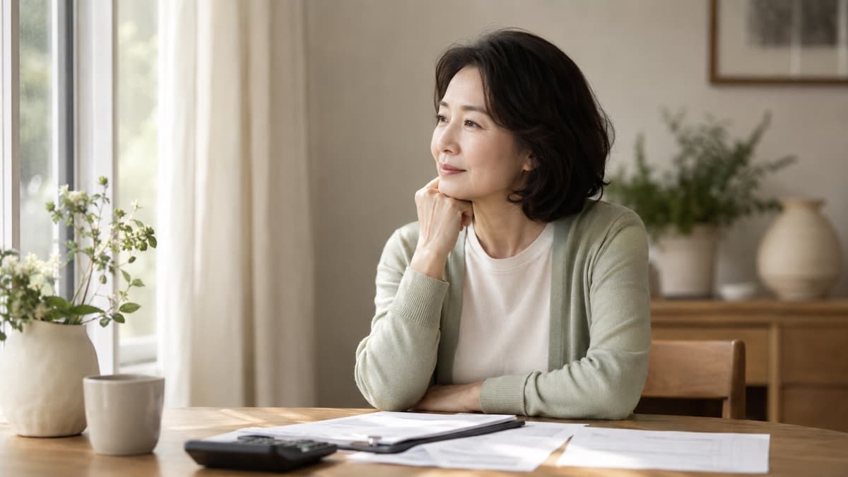 창가 식탁에 앉아 서류와 계산기를 앞에 두고 생각에 잠긴 여성