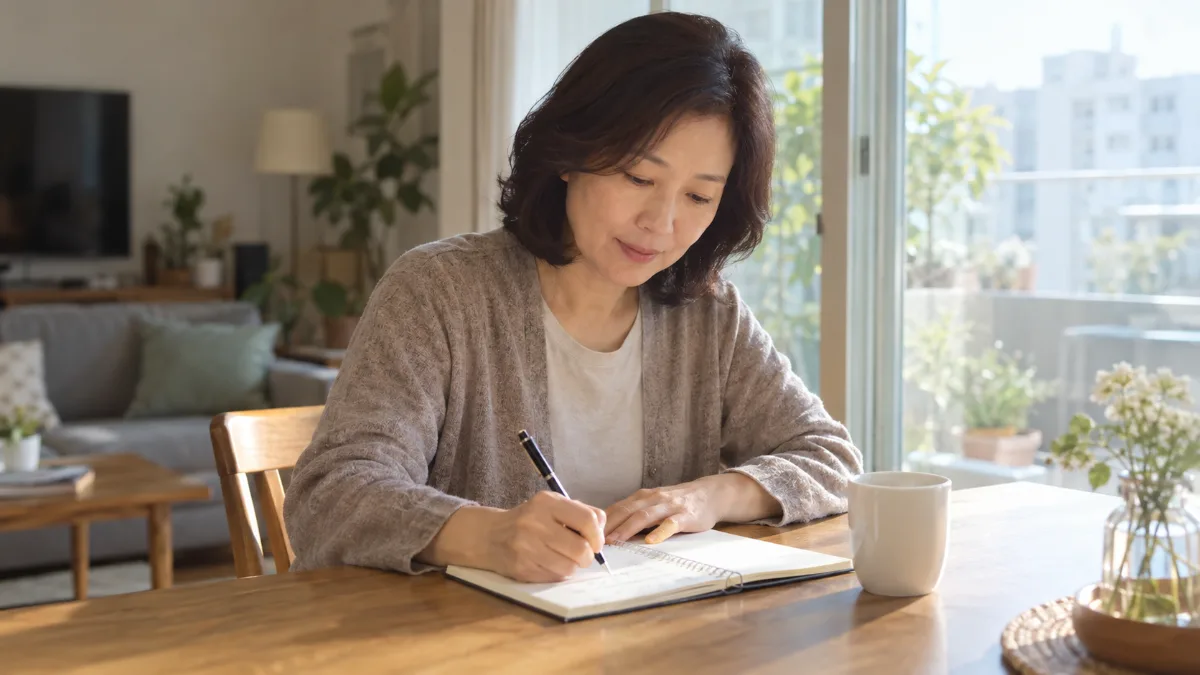 주말 오후 거실 창가 식탁에서 공책에 뭘 하고 싶은지 적어 보는 50대 한국 여성