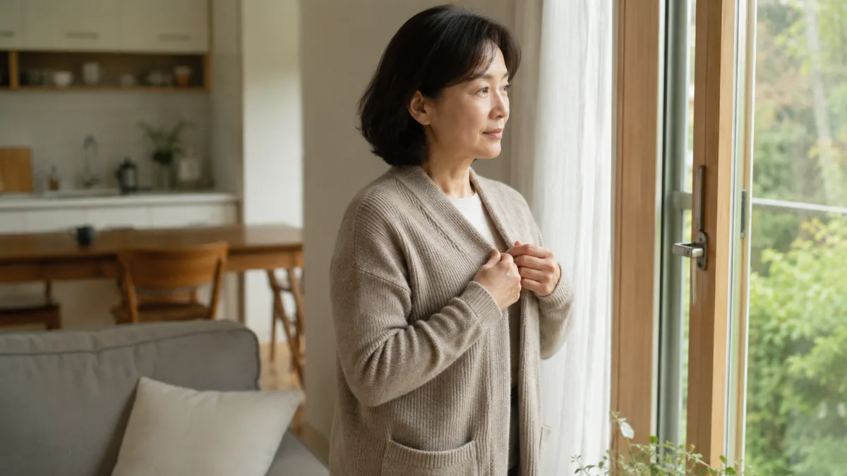 환절기 아침 창가에서 카디건을 여미며 바깥 공기를 살피는 50대 한국 여성