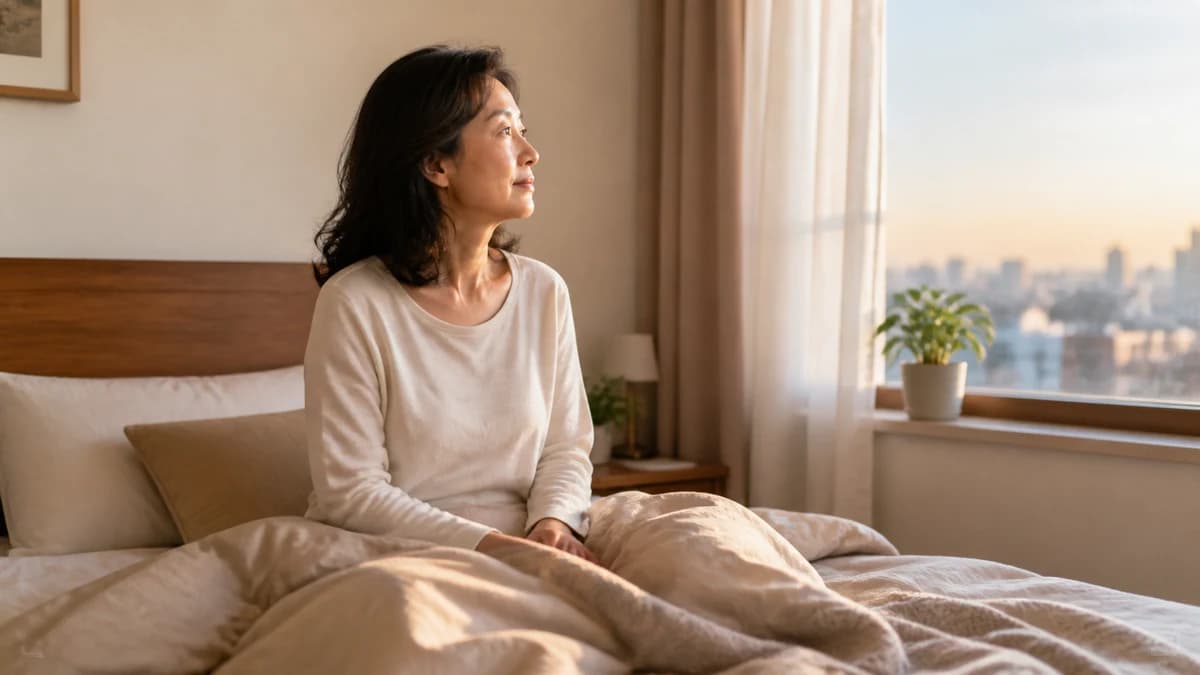 새벽에 눈이 떠져 침대에 앉아 창밖을 바라보는 40대 후반 한국 여성