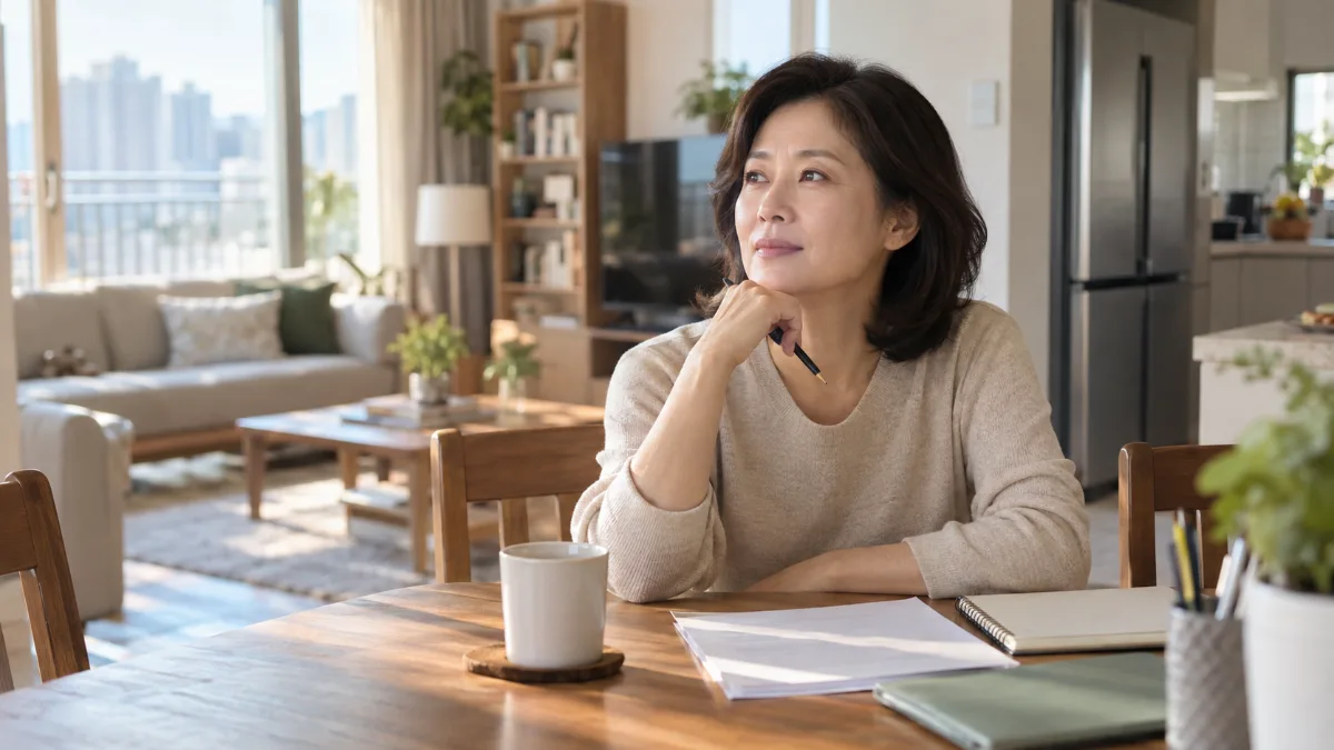 식탁에 노트와 서류를 펼쳐 두고 펜을 든 채 생각에 잠긴 50대 여성