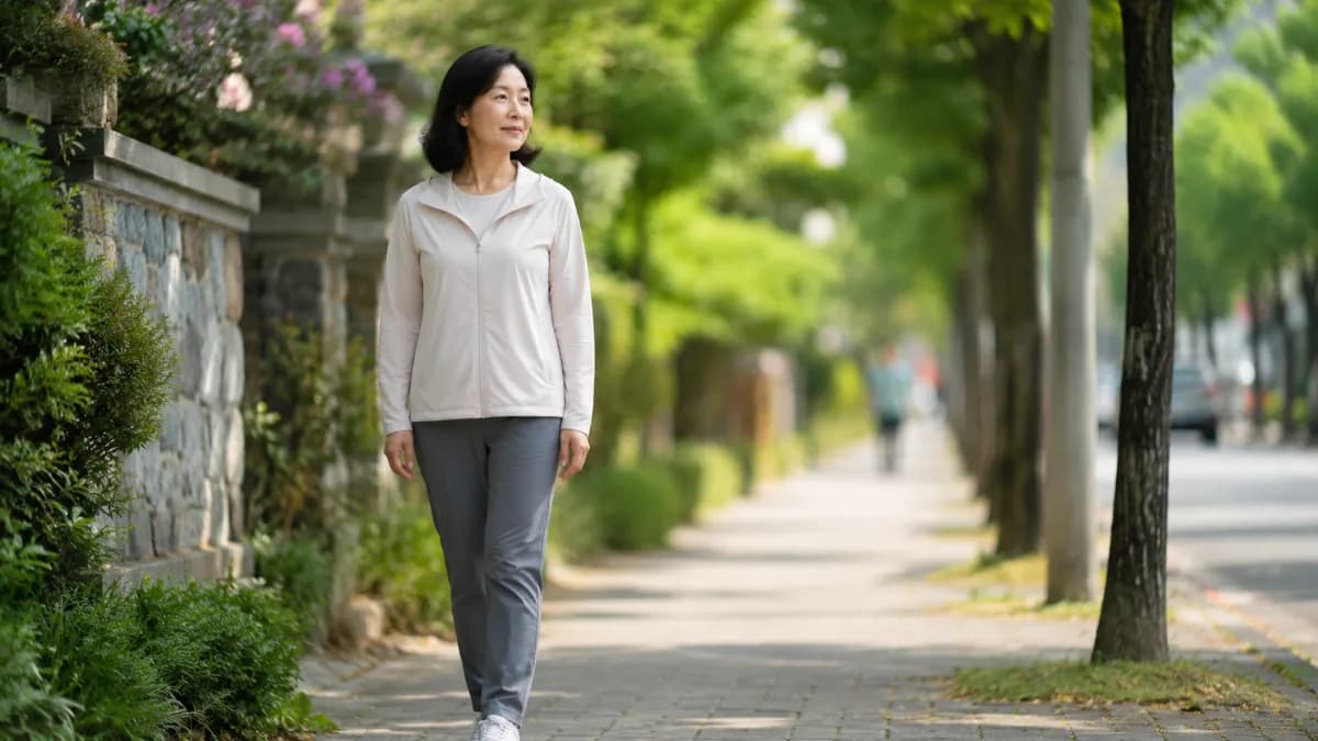 아침 동네 길에서 운동화를 신고 걷다 잠시 멈춰 선 50대 한국 여성