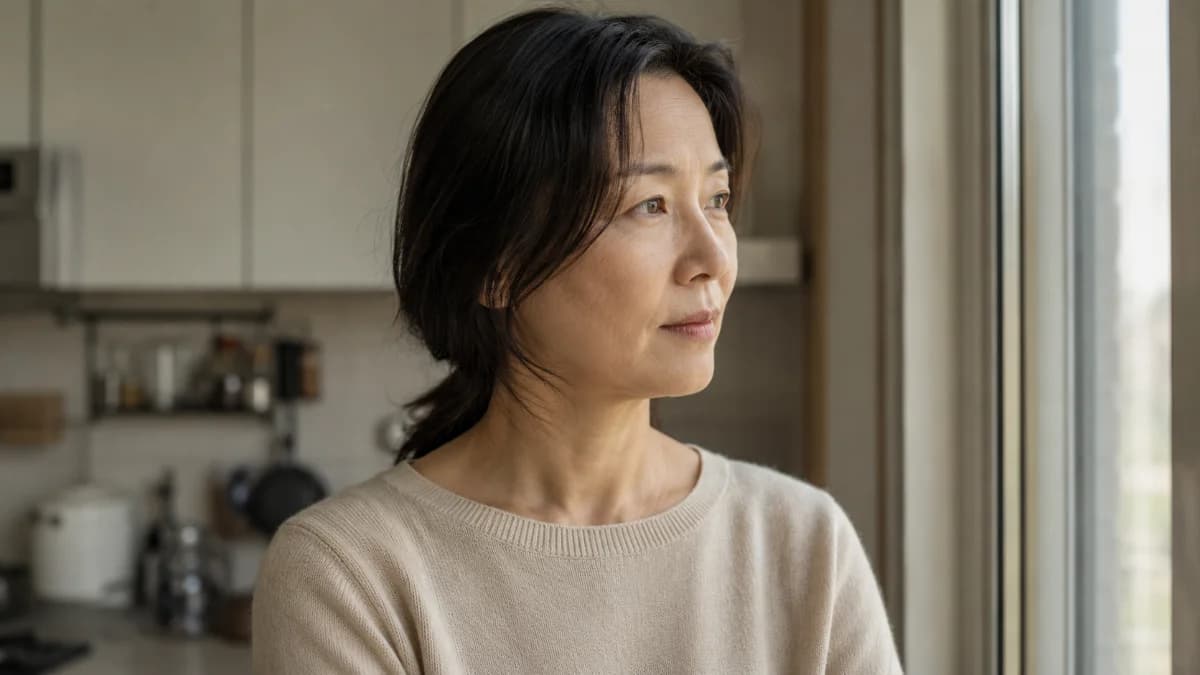 주방 창가에서 바깥을 바라보며 생각에 잠긴 40대 후반 한국 여성