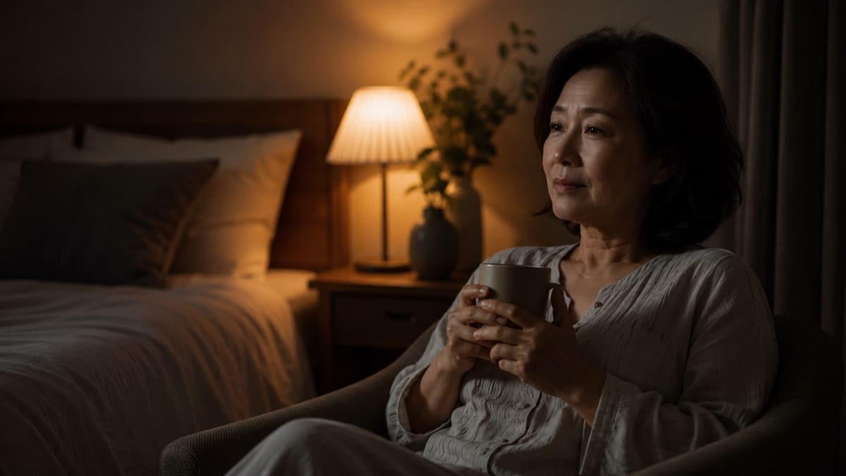 침대에서 나와 작은 조명 아래 의자에 앉아 잔을 든 여성