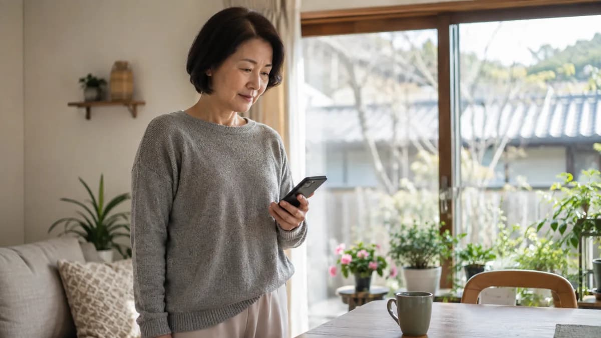 휴대폰을 보며 어느 병원에 물어볼지 잠시 생각하는 40대 후반 한국 여성